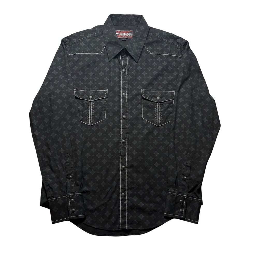 Rock & Roll Cowboy Shirt Mens M Black Geometric Snap Front Western Long Sleeve